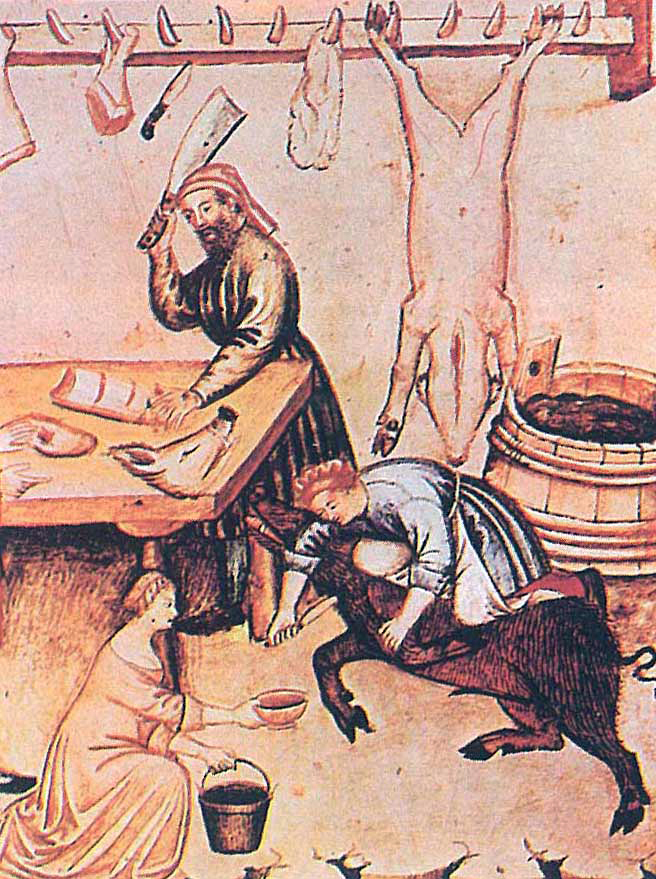 05.04 - L'uccisione e la macellazione del maiale in una illsutrazione del Theatrum Sanitatis