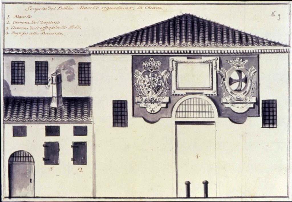 17.02 - ALESSANDRO SANSEVERINI,  L'esterno del macello farnesiano in Piazza Ghiaia un disegno ottocentesco - Parma, Archivio di Stato